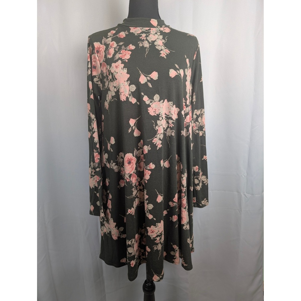 Impressions Floral Swing Dress SZ Medium Olive Green New Cutout Back Mock Neck